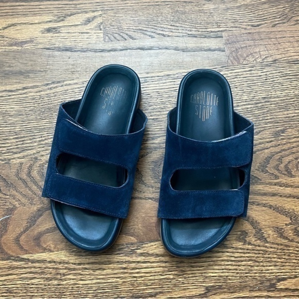 Charlotte Stone Lewie Navy Blue Suede Velcro Slip On Slides Sandals Size 5 - Picture 2 of 11